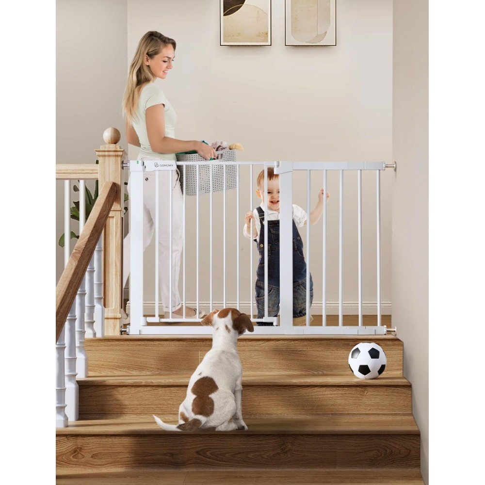 COMOMY 30 Tall Baby Gate for Stairs Doorways, Fits Openings 29.5 to 46 Wide, Auto Close Extra Wide Dog Gate for House, Pressure Mounted Easy Walk Through Pet Gate with Door, White