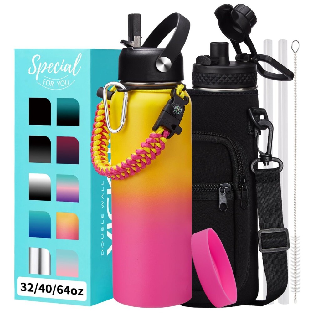 40 oz Water Bottle with Straw - Stainless Steel Water Bottles Insulated w/Auto Spout Lid, Strap Carrying Case, Paracord Handle, Silicone Boot, Triple Wall Metal Water Flask Thermo Mug Keep Cold Hot