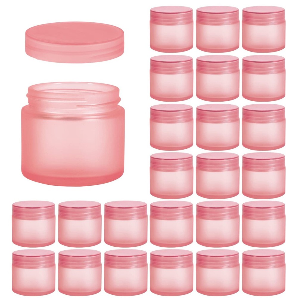 2oz Glass Jars 24 Pack, Hoa Kinh Mini Round Pink Frosted Glass Jars with Inner Liners and Pink Lids, Perfect for Storing Lotions, Powders and Ointments