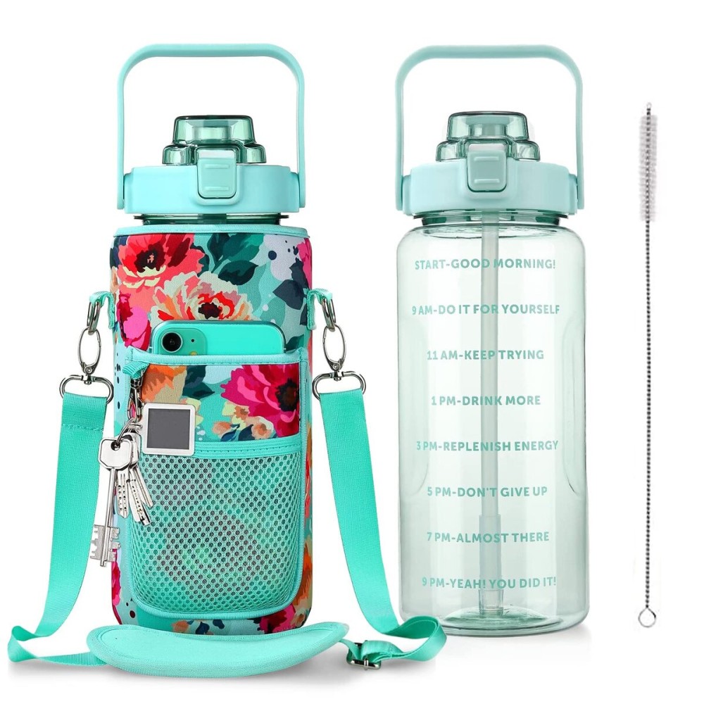 Chokoter Half Gallon Water Bottle with Sleeve, 64OZ Motivational Water Bottle with Straw & Time Marker, BPA Free Leakproof Large Sports Water Bottle, Reusable Water Jug for Workout Gym Sport