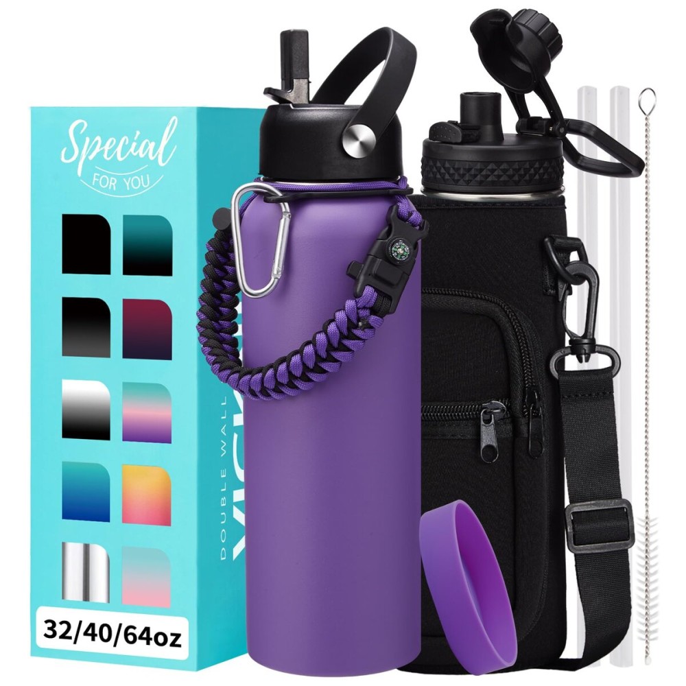 Insulated Water Bottle with Straw - 40 oz Triple Walled Water Bottle with Strap Carrier Bag, Flip Top Lid, Paracord Handle, Protective Cup Mat, Sweat-proof Metal Waterbottle for Sport, Gym, Workout