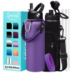 Insulated Water Bottle with Straw - 40 oz Triple Walled Water Bottle with Strap Carrier Bag, Flip Top Lid, Paracord Handle, Protective Cup Mat, Sweat-proof Metal Waterbottle for Sport, Gym, Workout