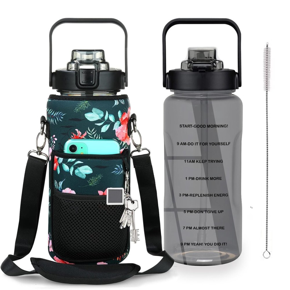 Chokoter Half Gallon Water Bottle with Sleeve, 64OZ Motivational Water Bottle with Straw & Time Marker, BPA Free Leakproof Large Sports Water Bottle, Reusable Water Jug for Workout Gym Sport