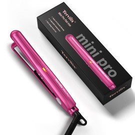 Terviiix Mini Flat Iron Adjustable Temperature, Travel-Size Mini Hair Straightener, Small Flat Irons for Short Hair/Curls Bangs, Ceramic Portable Tiny Hair Curler, Dual Voltage, Auto-Off, Pink, 1/2\'\'