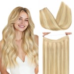 GOO GOO Wire Hair Extensions Human Hair, 18A/613A Dark Blonde mix Bleach Blonde Highlighted 12inch 70g, Invisible Wire Hair Extensions with Transparent, Seamless Fish Line Hairpiece