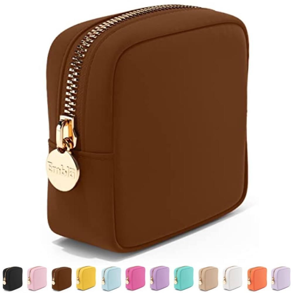 Embla Makeup Bag Travel Cosmetics Pouch and Toiletry Bag, Nylon Zipper Pouch Purse, Cute Make Up Organizer Storage Tote for Women Girls, Waterproof Travel Skincare Case, Small Makeup Bags, Chocolate