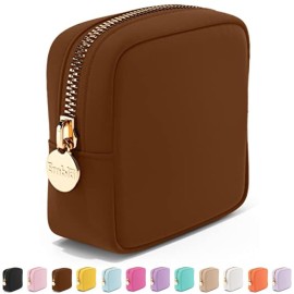 Embla Makeup Bag Travel Cosmetics Pouch and Toiletry Bag, Nylon Zipper Pouch Purse, Cute Make Up Organizer Storage Tote for Women Girls, Waterproof Travel Skincare Case, Small Makeup Bags, Chocolate