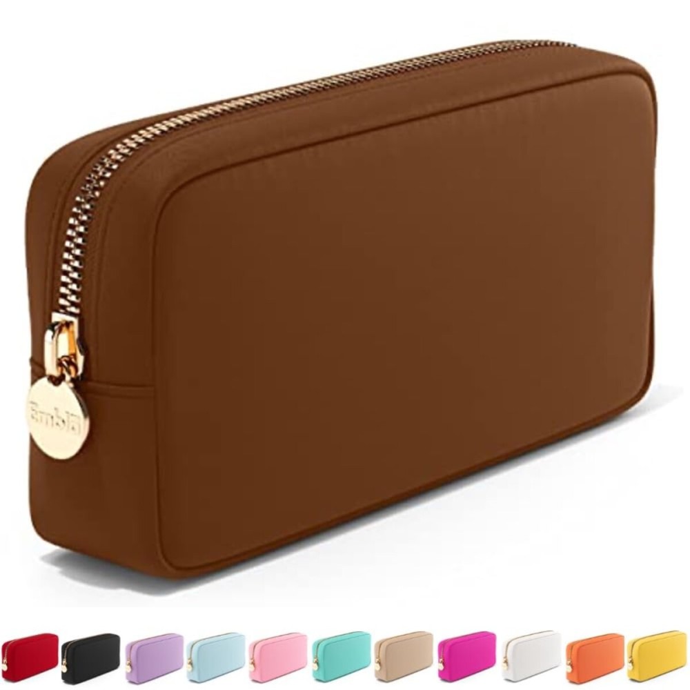 Embla Makeup Bag Travel Cosmetics Pouch and Toiletry Bag, Nylon Zipper Pouch Purse, Cute Make Up Organizer Storage Tote for Women Girls, Waterproof Travel Skincare Case, Small Makeup Bags, Chocolate