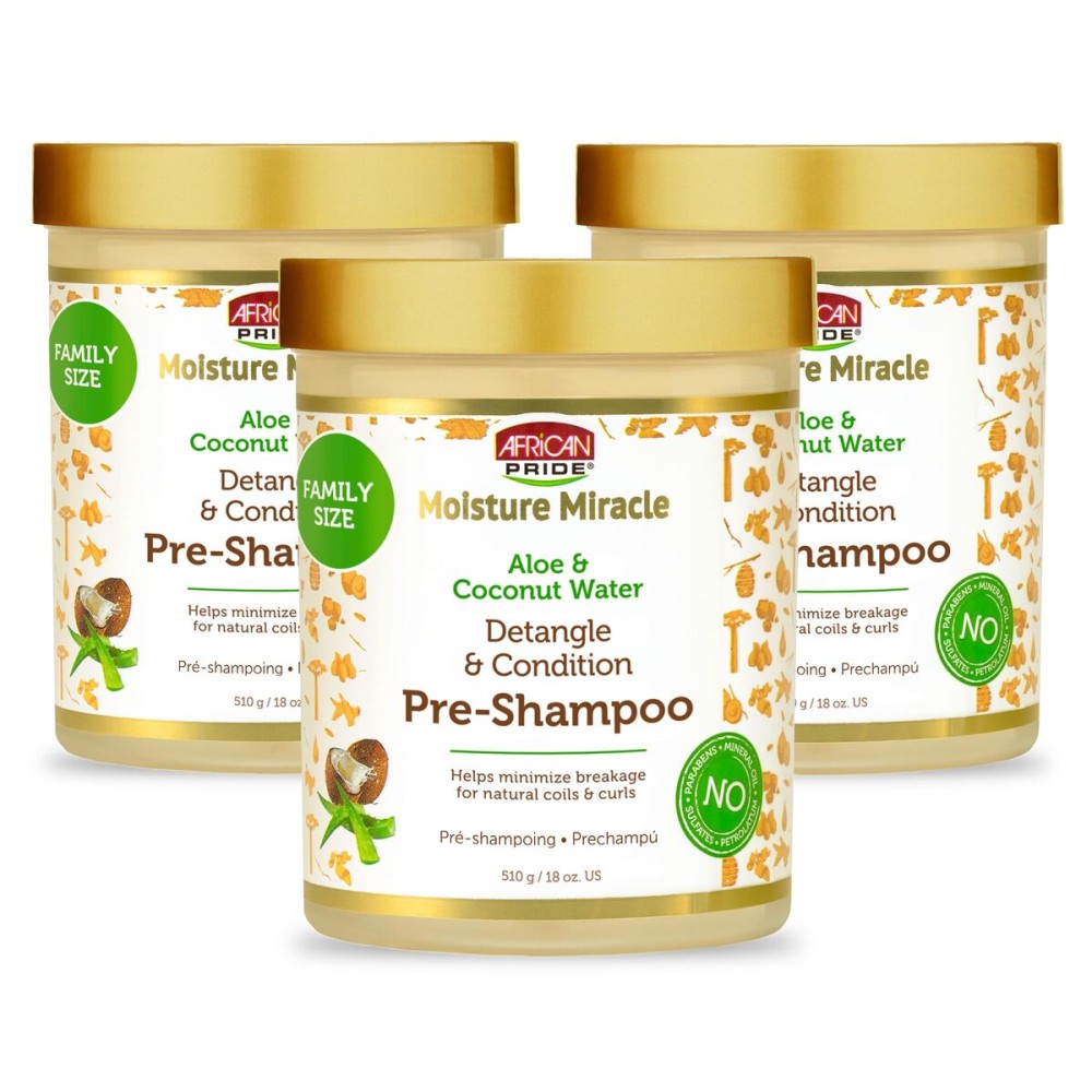 African Pride Moisture Miracle Pre-Shampoo Hair Detangler with Aloe & Coconut Water (3 Pack) | Minimizes Breakage, Hydrates & Strengthens | Pre-Poo Treatment for Natural Coils & Curls | 18 oz.