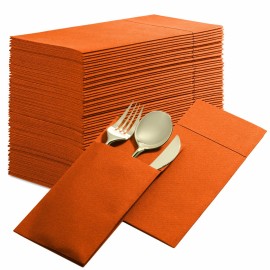 Disposable Linen-Feel Dinner Napkins with Built-in Flatware Pocket, 500-Pack ORANGE Prefolded Cloth Like Paper Napkins For Dinner, Wedding Or Party
