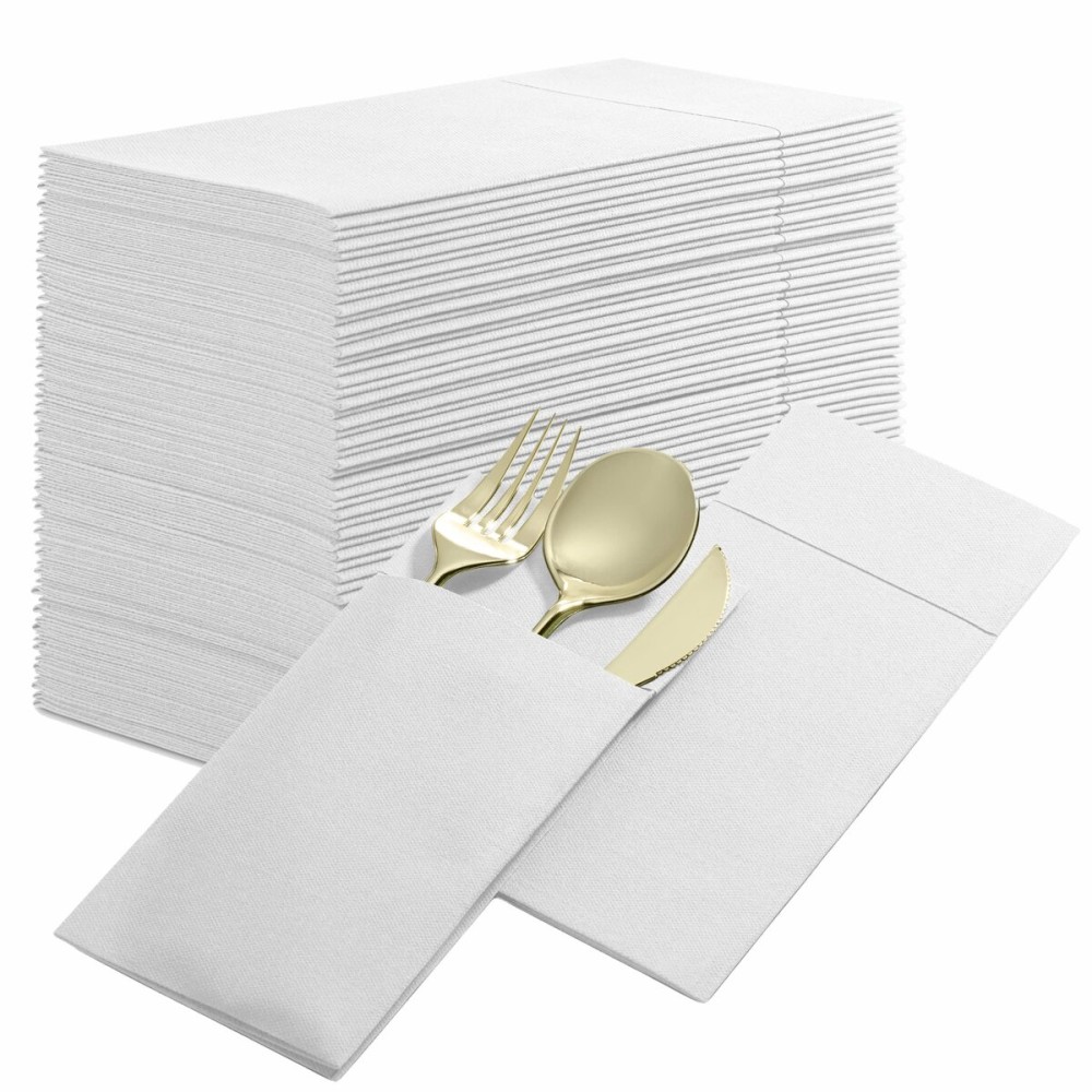 Disposable Linen-Feel Dinner Napkins with Built-in Flatware Pocket, 500-Pack WHITE Prefolded Cloth Like Paper Napkins For Dinner, Wedding Or Party [Silverware NOT Included]