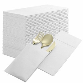 Disposable Linen-Feel Dinner Napkins with Built-in Flatware Pocket, 500-Pack WHITE Prefolded Cloth Like Paper Napkins For Dinner, Wedding Or Party [Silverware NOT Included]