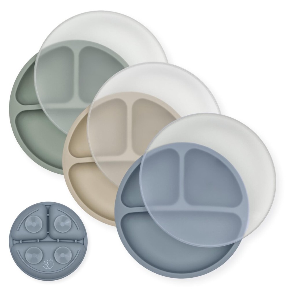 Hippypotamus Toddler Plates with Suction - 100% Food-Grade Silicone Baby Plates with Lids - Microwave & Dishwasher Safe - BPA Free - Set of 3 (Fog/Nude/Sage with LIDS)