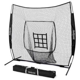 GoSports 7 ft x 7 ft Baseball & Softball Practice Hitting & Pitching Net with Bow Type Frame, Carry Bag and Strike Zone, Great for All Skill Levels