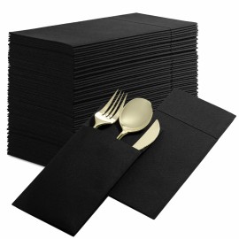 Disposable Linen-Feel Dinner Napkins with Built-in Flatware Pocket, 500-Pack BLACK Prefolded Cloth Like Paper Napkins For Dinner, Wedding Or Party [Silverware NOT Included]