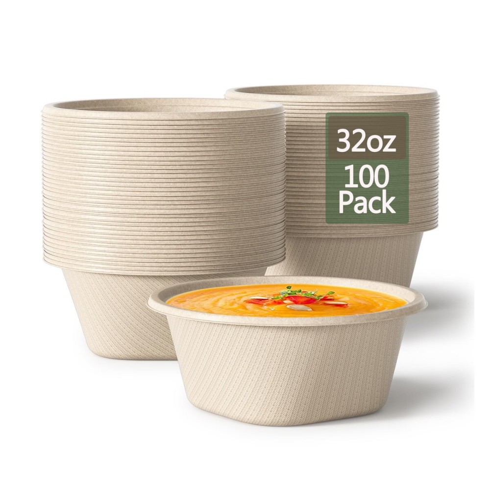 32 Ounce Large Paper Bowls Disposable Soup Bowl Disposable Heavy Duty Compostable Bowls, Eco-friendly Sugarcane and Bamboo Bagasse Biodegradable Bowl for Soup, Salad, Dessert, Ice Cream [100 Pack]