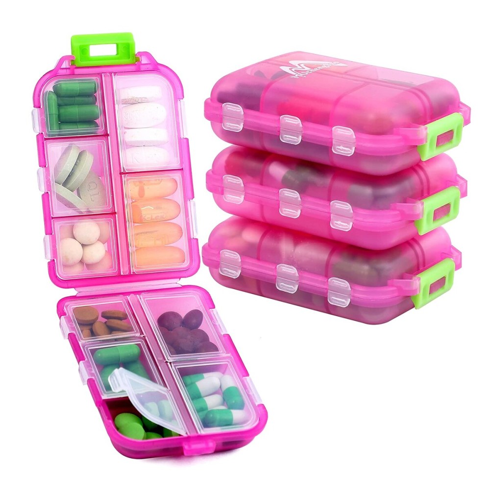 4PS Travel Pill Organizer with 164 Slice Labels10 Compartments Travel Pill Box Portable Folding Small Pill Case Daily Pill Container Used for Carry Storage Medicine Organizer by M MUchengbao (Pink)