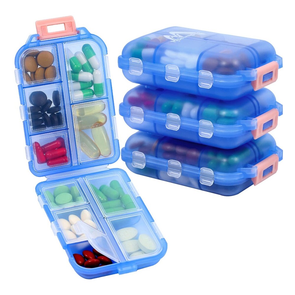 4PS Travel Pill Organizer with 164 Slice Labels10 Compartments Travel Pill Box Portable Folding Small Pill Case Daily Pill Container Used for Carry Storage Medicine Organizer by M MUchengbao (Blue)