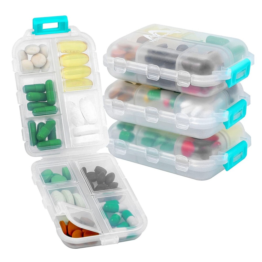 4PS Travel Pill Organizer with 164 Slice Labels10 Compartments Travel Pill Box Portable Folding Small Pill Case Daily Pill Container Used for Carry Storage Medicine Organizer by M MUchengbao (White)
