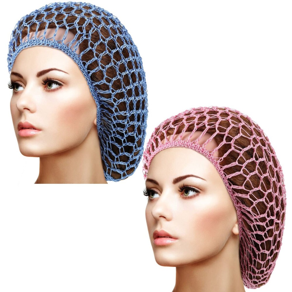 Waydress 2 Pieces Mesh Hair Net Rayon Knit Snood Women Crocheted Sleep Cap (Blue, Pink)