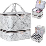FCQQYWZ Nail Polish Organizer Case - Holds 30+ Bottles (15ml/0.5 fl.oz) and 1 Nail Lamp, Upgraded Double-layer Nail Polish Carrying Case Nail Polish Storage Bag with Handles (WHITE)
