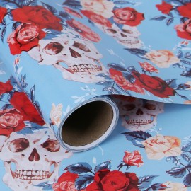 Aimyoo Blue Skull Floral Wrapping Paper Roll 17 in x10ft, Horror Gothic Gift Wrap Paper for Halloween Wedding Bridal Shower