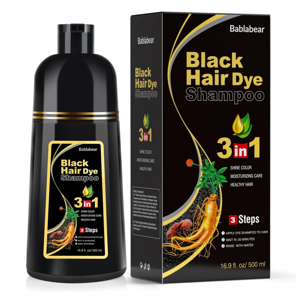 Bablabear Black Hair Dye Shampoo for Gray Hair, Semi-Permanent Hair Color Shampoo for Women and Men, Herbal Ingredients, 3 in 1 100% Grey Coverage.Lasts 30 Days/500ml/Natural herbal Ingredients