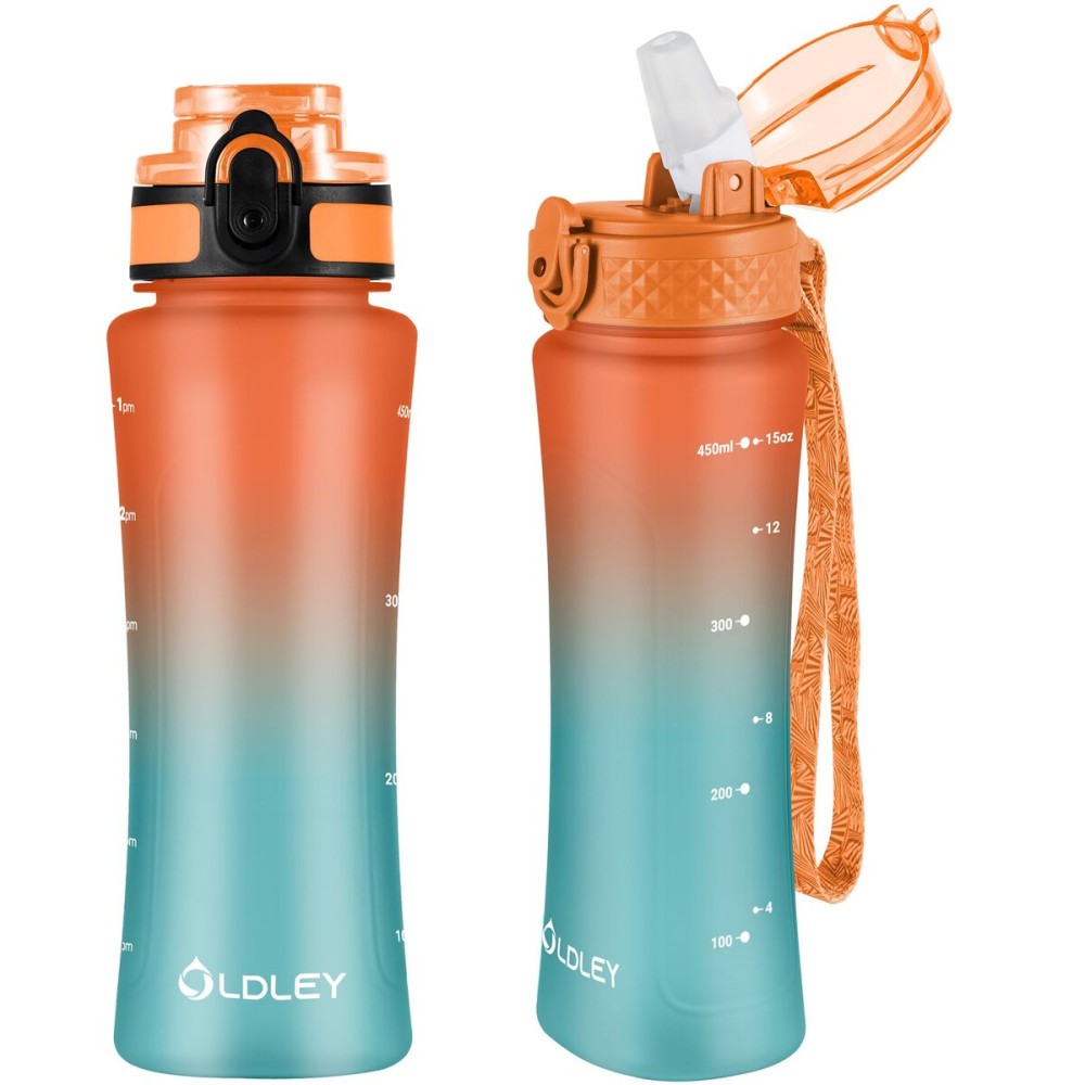 OLDLEY Kids Water Bottle for School with Straw Chug Lid, 15 oz Unbreakable Leak-Proof BPA-Free Motivational Water Bottles with Time Marker for Travel Sports Gym, 2 Lids, Orange/Green