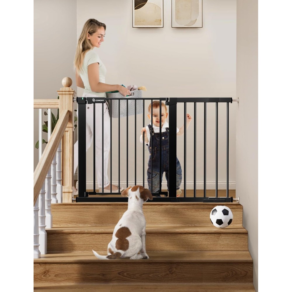 COMOMY 30 Tall Baby Gate for Stairs Doorways, Fits Openings 29.5 to 46 Wide, Auto Close Extra Wide Dog Gate for House, Pressure Mounted Easy Walk Through Pet Gate with Door, Black