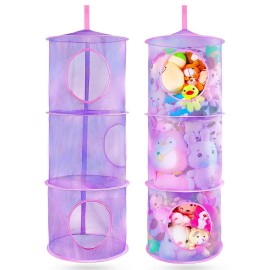 Basumee Stuffed Animals Net or Hammock 2 Pcs Stuffed Animals Storage Toy Net Hammock for Plushies Storage Organizer Mesh Kids Girls Room Decor, Purple, 3 Tiers