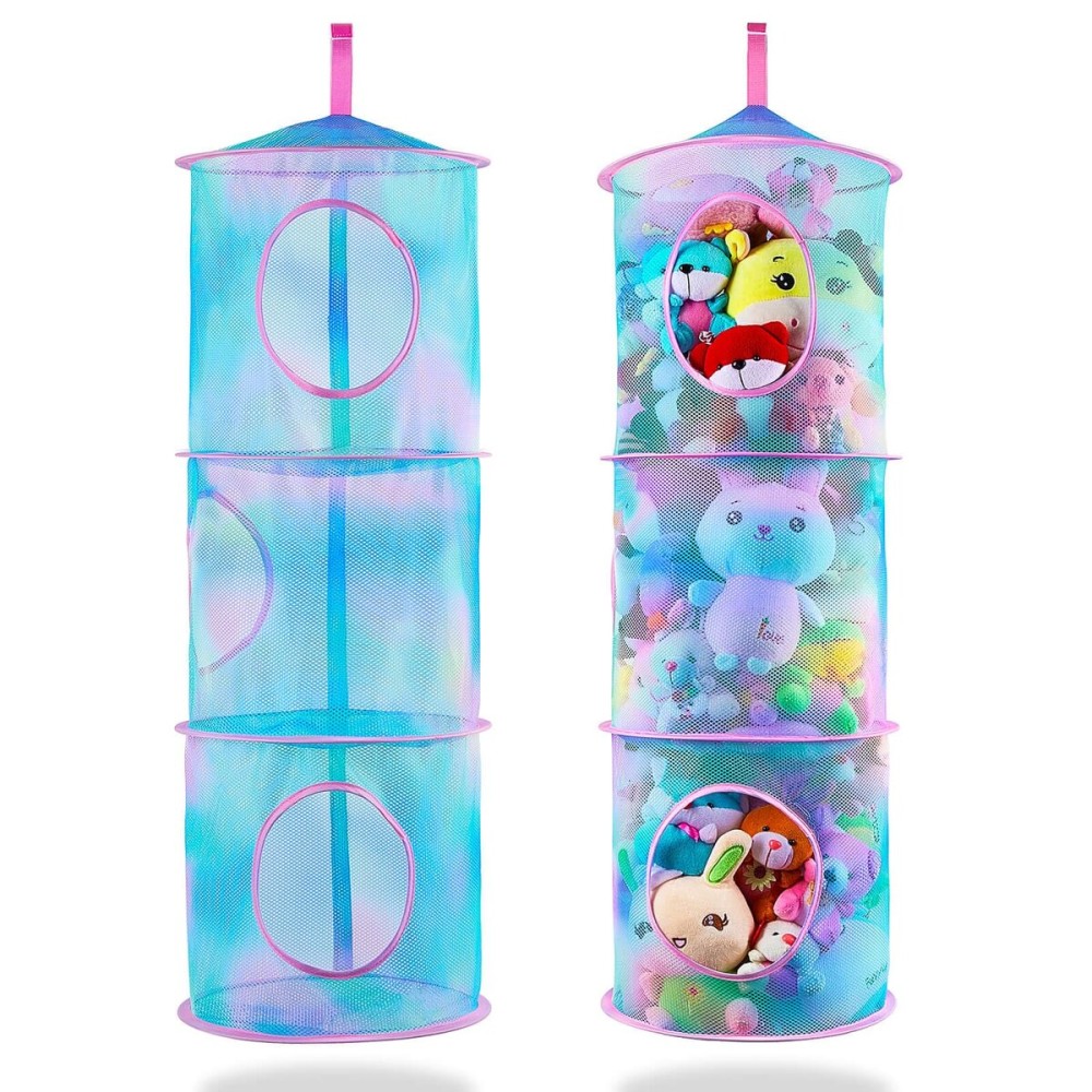 Basumee Stuffed Animals Net or Hammock 2 Pcs Stuffed Animals Storage Toy Net Hammock for Plushies Storage Organizer Mesh Kids Girls Room Decor, Blue Teal, 3 Tiers