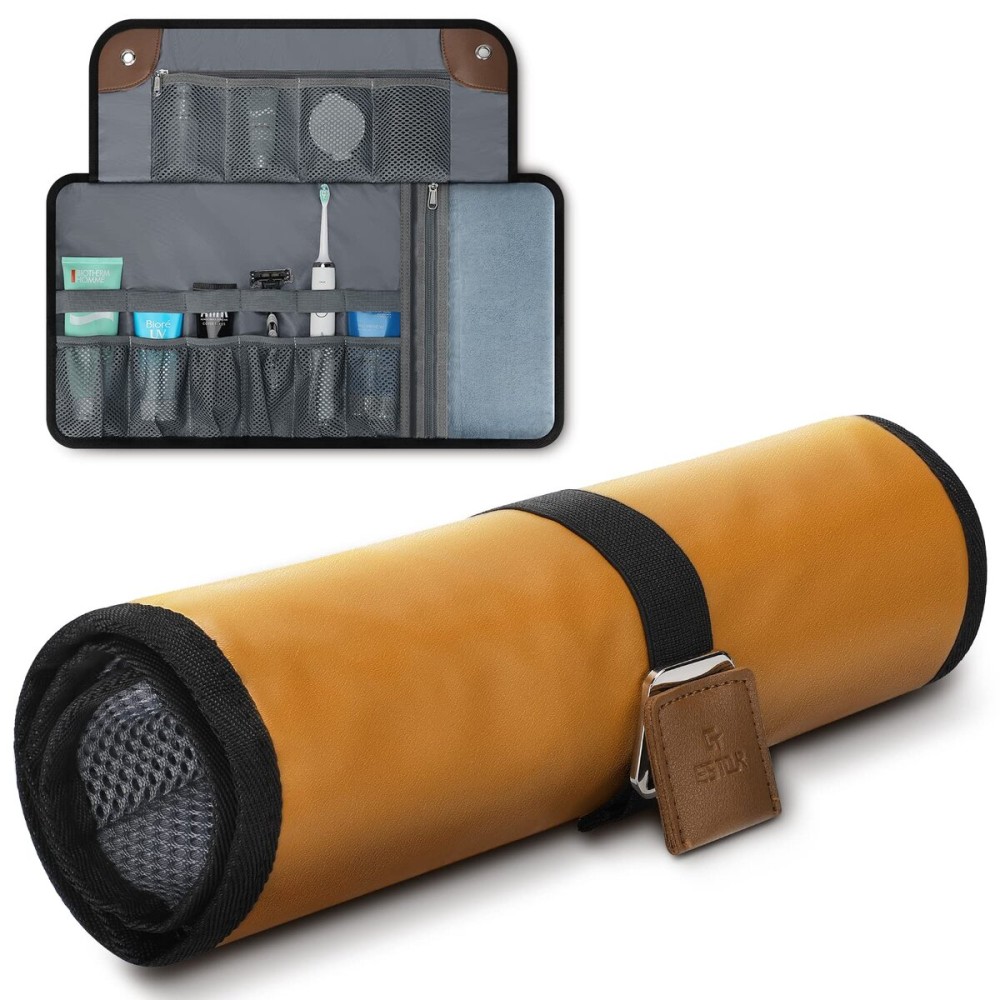 Estour Toiletry Bag for Men, Travel Essentials Travel Toiletry Bag, Water-Resistant Compact Bathroom Roll Organizer for Hygiene, Shaving kit, Gifts for men (6.Khaki Yellow (PU Leather))