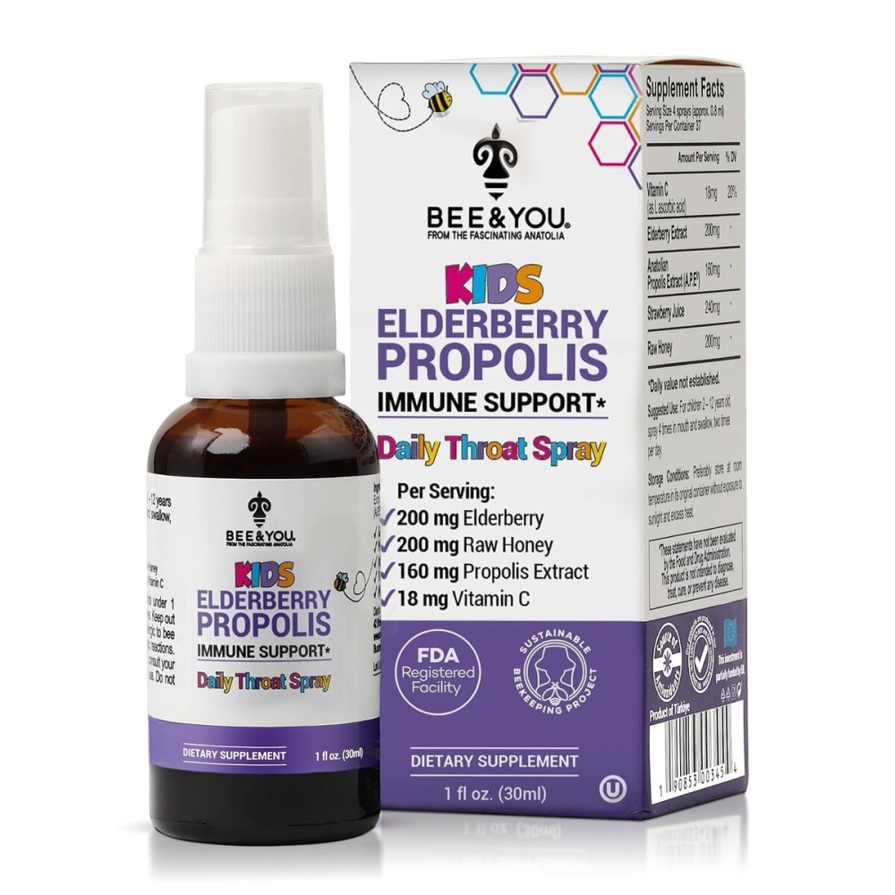 Bee and You, Kids Immune Support Supplement Throat Spray, Elderberry, Raw Honey, Propolis Extract, Vitamin C, Strawberry Juice, Antioxidants, Sore Throat Relief, 1 fl. Oz