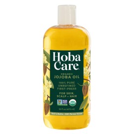 HobaCare Organic Jojoba Oil for Hair, Skincare, Face, Body, Scalp, Nails, Beard Care, Skin Massage - Unrefined Carrier Oil - 100% Pure, Hexane Free, Moisturizing (16 oz)