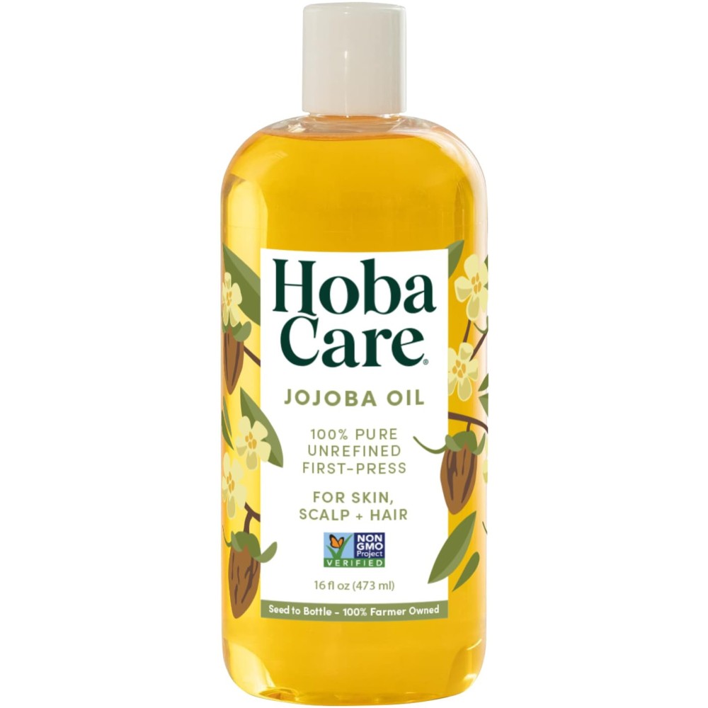 HobaCare Pure Jojoba Oil for Skin Care, Hair, Beard, Scalp Massage - 100% Unrefined Carrier Oil for Diluting Essential Oils - Natural, Hexane Free, Cruelty-Free, Long Shelf Life (16 oz)