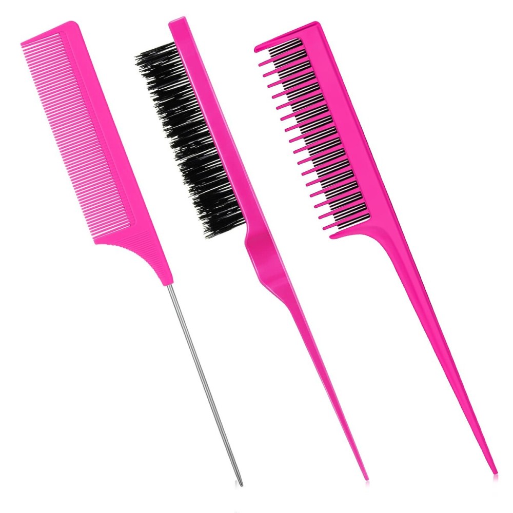 Patelai 3-Piece Styling Comb Set: Fluffy Brush, Rat Tail Comb, and Triple Back Combing Comb for Women (Rose Red)