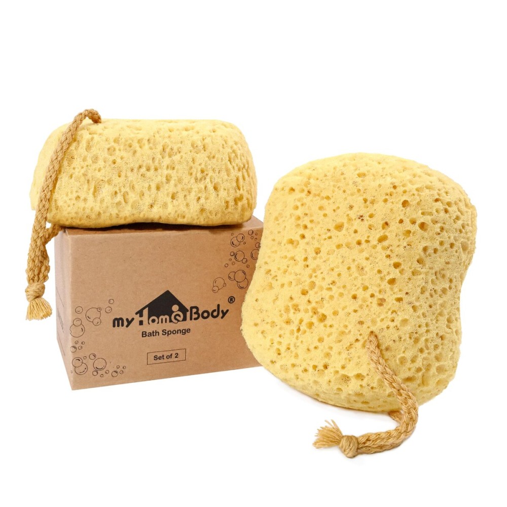 myHomeBody Bath Sponge, Foam Loofah, Body Scrubber for Bathing, Exfoliating Shower Pouf for Shower - Large Size, Lots of Lather, Curvy, 2 Pack