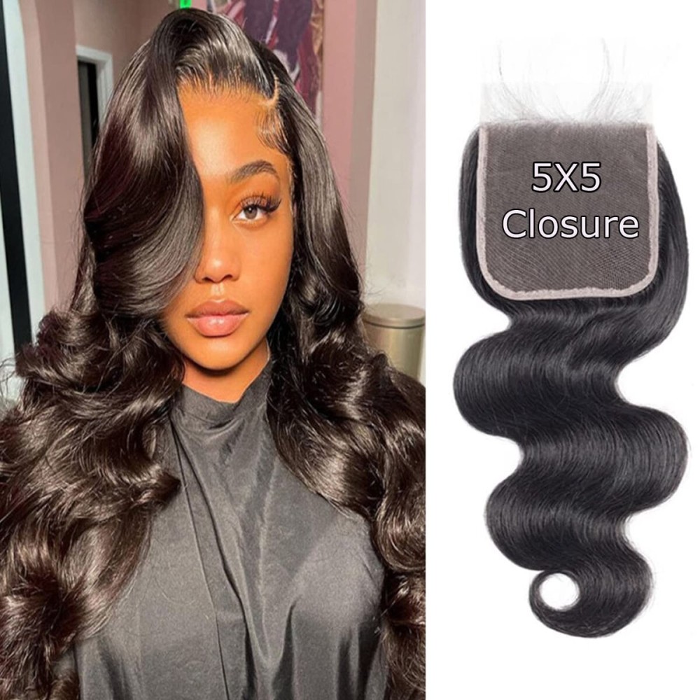 Liangya Hair HD Body Wave Closure 5x5 Transparent Lace Frontal Closure 12A Virgin Remy Human Hair Pre Plucked With Baby Hair Natural Black Color (14inch)