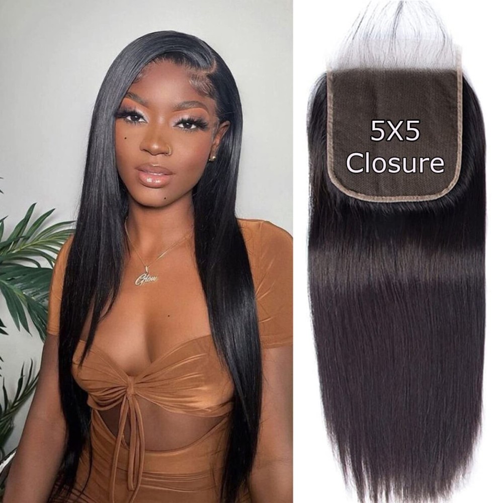 Liangya Hair 5x5 Lace Closure Hd Transparent Straight Frontal Closure 12A Virgin Remy Human Hair Closure Real Hd Transparent Lace Closure Pre Plucked With Baby Hair Natural Black Color(16inch)