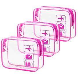 MODENGKONGJIAN TSA Approved Toiletry Bag, 3 Pcs Clear Toiletries Bags Quart Size Travel Makeup Cosmetic Bag for Women Men, Carry on Airport Airline Compliant Bag (Rose Red)