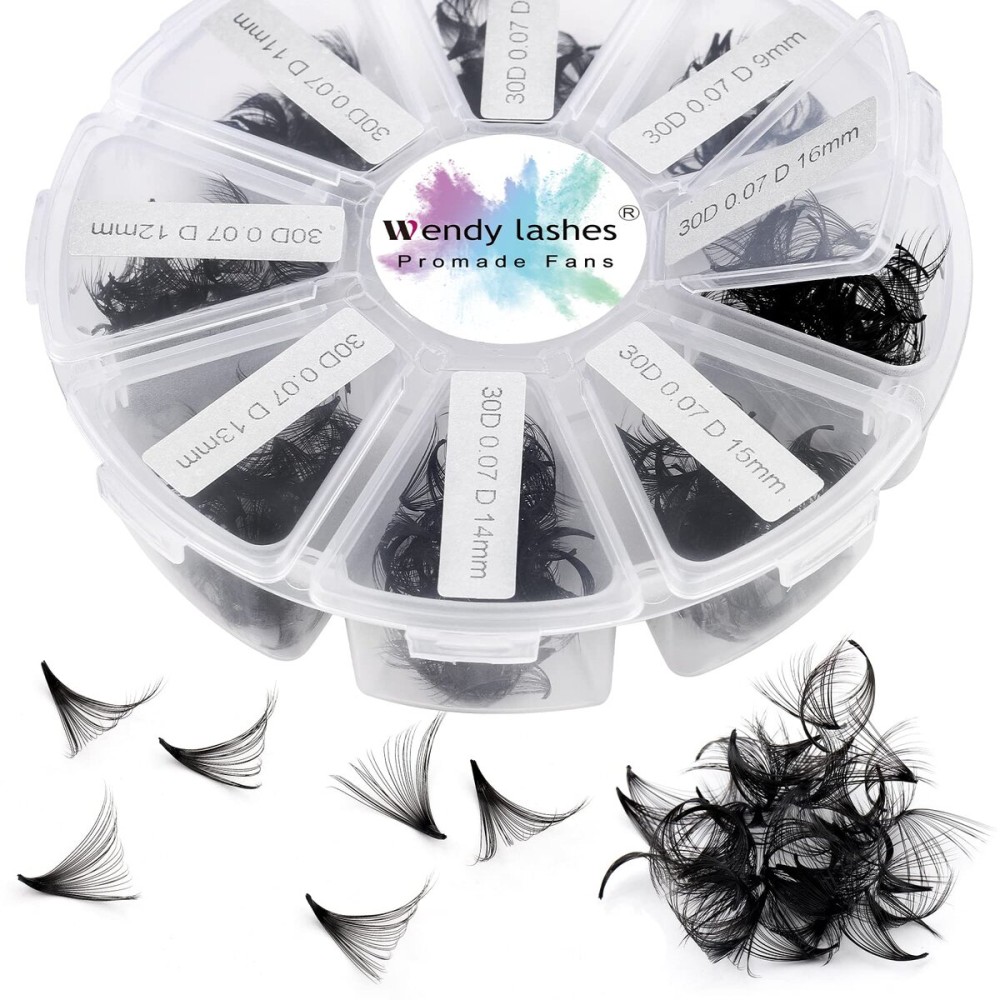 Premade Fans Short Stem 500 PCS 30D Eyelash Extensions 0.07mm C/D Curl 9-16mm Mixed Length WENDY LASHES Russian Volume Pre-made Lash Extension (500PCS-30D-0.07-D, 9-16mm mixed tray)
