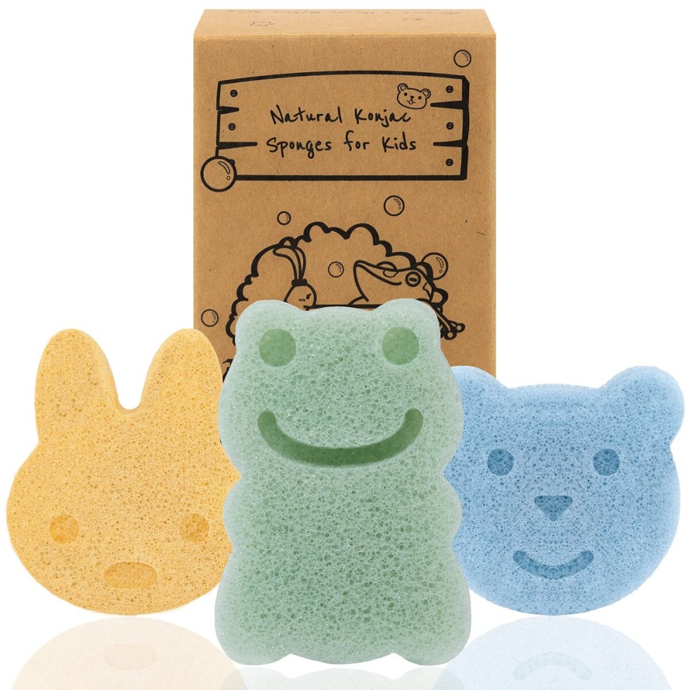 myHomeBody Konjac Baby Sponge for Bathing, Cute Shapes Natural Kids Bath loofah for Infants, Toddler, Newborns, Safe Plant-Based, 3pc. Set: Rabbit, Frog, Bear face