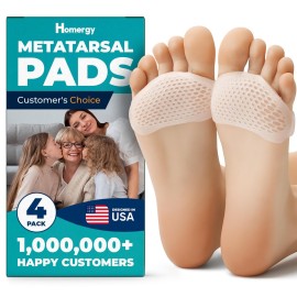 Homergy Metatarsal Foot Pads - Soft Gel Ball of Foot Cushions for Pain Relief, Ultra-Thin Sleeve Design, Stays in Place, Breathable & Reusable - Fits Heels, Flats, Sneakers (4 Pads / 2 Pairs)