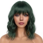 LANCAINI Dark Green Short Bob Wigs with Bangs for Women Loose Wavy Wig Curly Wavy Shoulder Length Bob Synthetic Cosplay Wig for Girl Colorful Costume Wigs