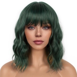 LANCAINI Dark Green Short Bob Wigs with Bangs for Women Loose Wavy Wig Curly Wavy Shoulder Length Bob Synthetic Cosplay Wig for Girl Colorful Costume Wigs