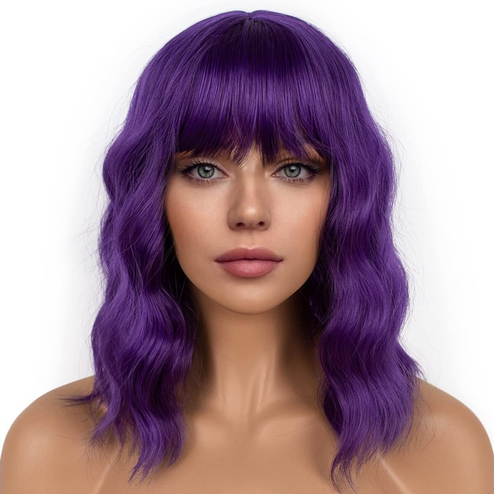 LANCAINI Dark Purple Short Bob Wigs with Bangs for Women Loose Wavy Wig Curly Wavy Shoulder Length Bob Synthetic Cosplay Wig for Girl Colorful Costume Wigs