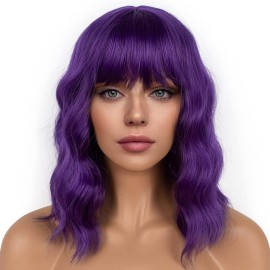 LANCAINI Dark Purple Short Bob Wigs with Bangs for Women Loose Wavy Wig Curly Wavy Shoulder Length Bob Synthetic Cosplay Wig for Girl Colorful Costume Wigs