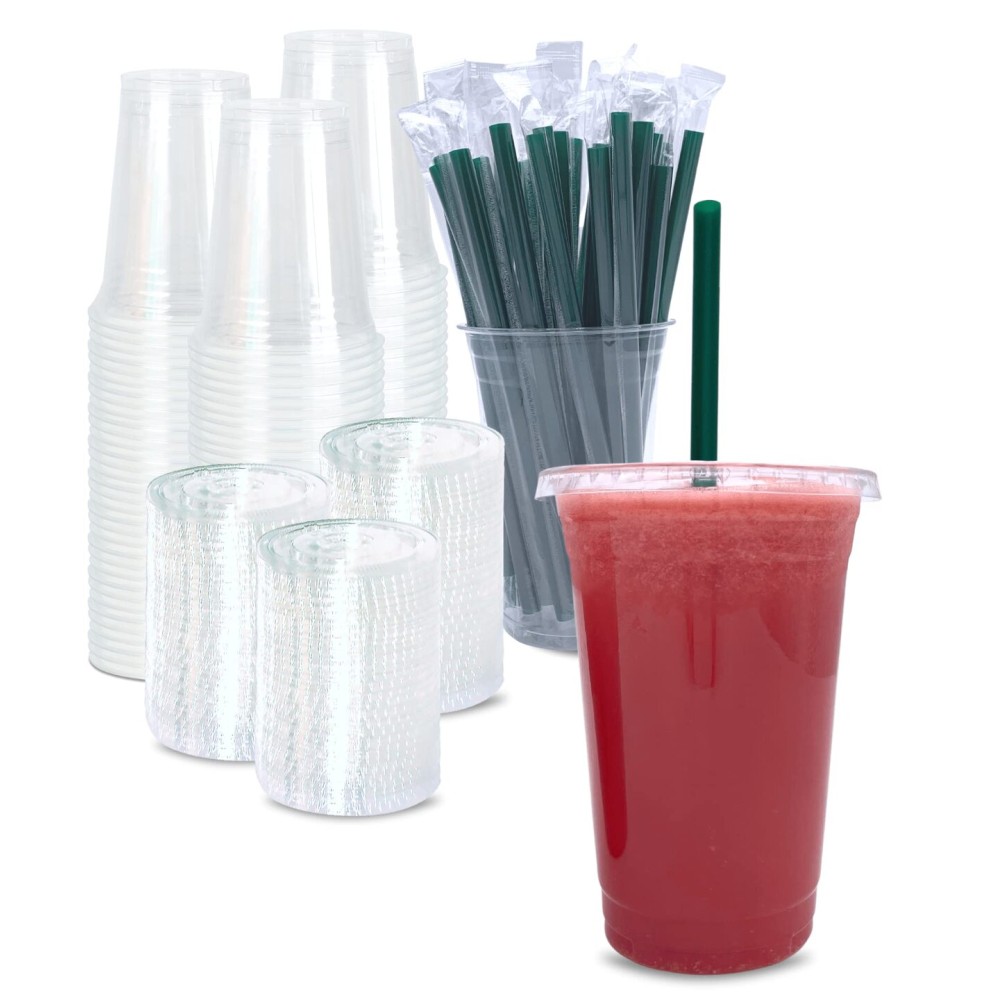 [100 SETS] 20 oz Clear Plastic Cups with Lids and STRAWS, Disposable Iced Coffee cups with Lids, Clear Cups with Lids for Cold Drinks, Iced Tea, Milkshakes, Smoothies