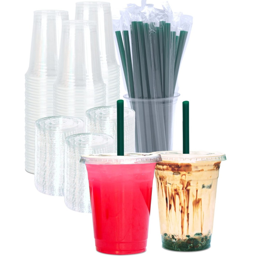 [100 SETS] 16 oz Clear Plastic Cups with Lids and STRAWS, Disposable Iced Coffee cups with Lids, Clear Cups with Lids for Cold Drinks, Iced Tea, Milkshakes, Smoothies