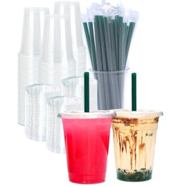 [100 SETS] 16 oz Clear Plastic Cups with Lids and STRAWS, Disposable Iced Coffee cups with Lids, Clear Cups with Lids for Cold Drinks, Iced Tea, Milkshakes, Smoothies
